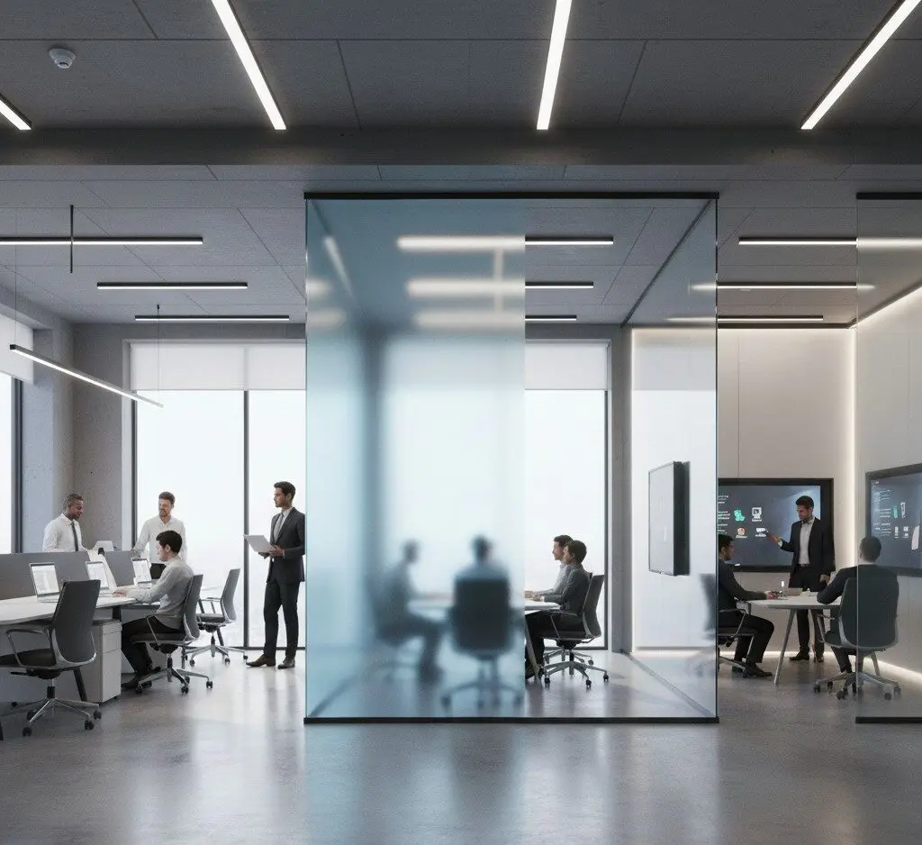 Interior designer incorporating switchable smart glass film into a minimalist room layout
