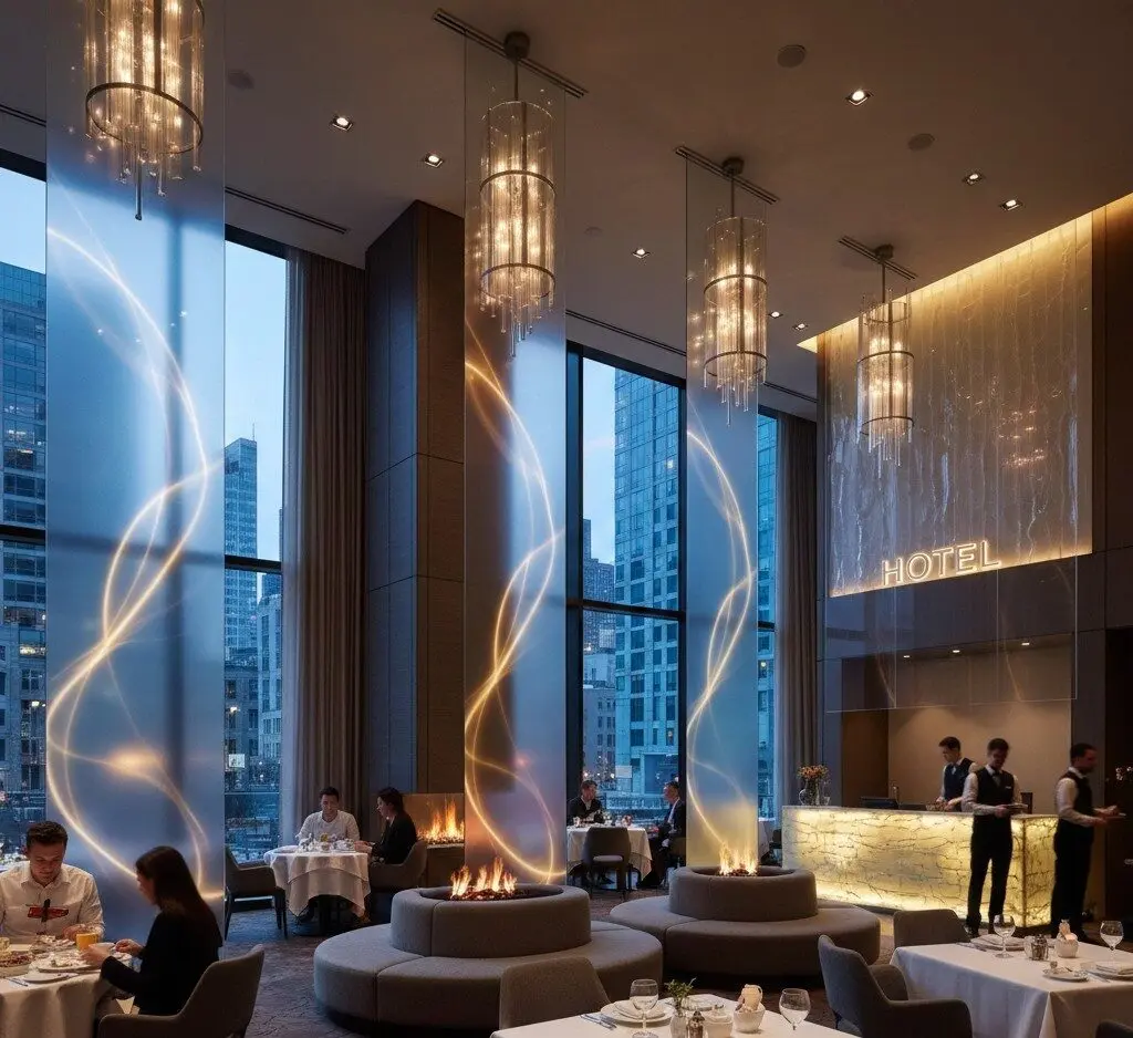 Smart glass film dividing a living space into elegant, light-filled interior design zones