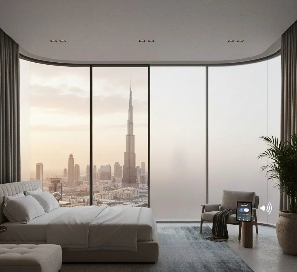 Switchable smart glass film integrated into interior design for a sleek, modern partition wall