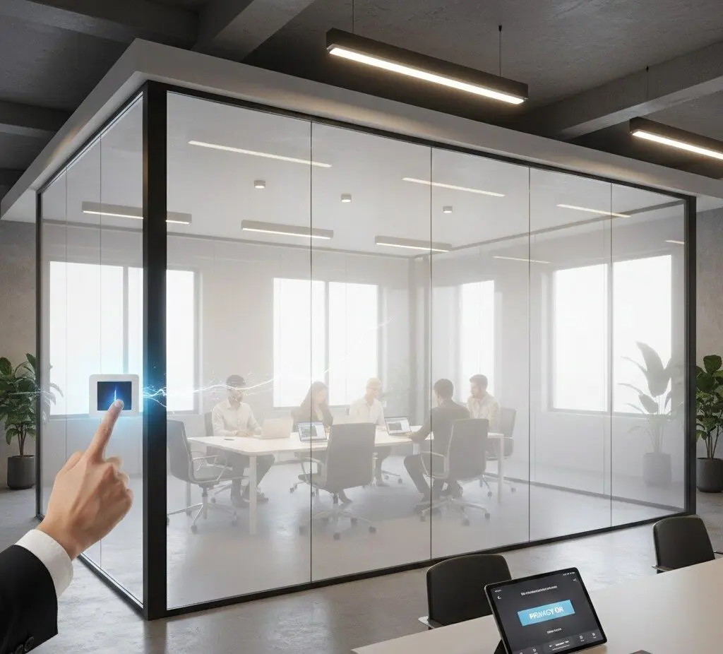 Smart glass film switching from clear to opaque instantly with the flip of an electric switch