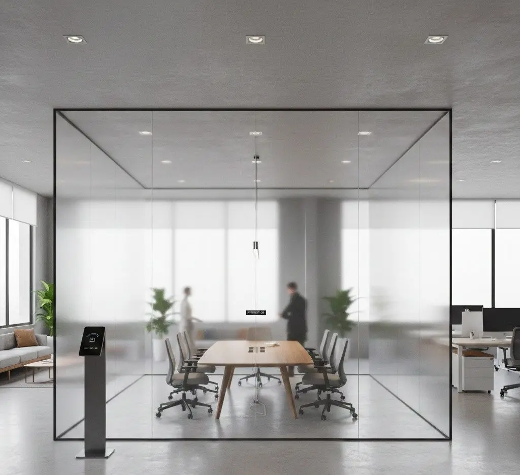 Switchable smart glass film creating visual separation between two office spaces without solid walls