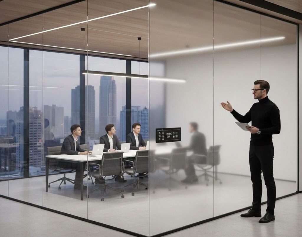 Smart film installed on interior glass wall in a modern office, switching from transparent to opaque for on-demand privacy.