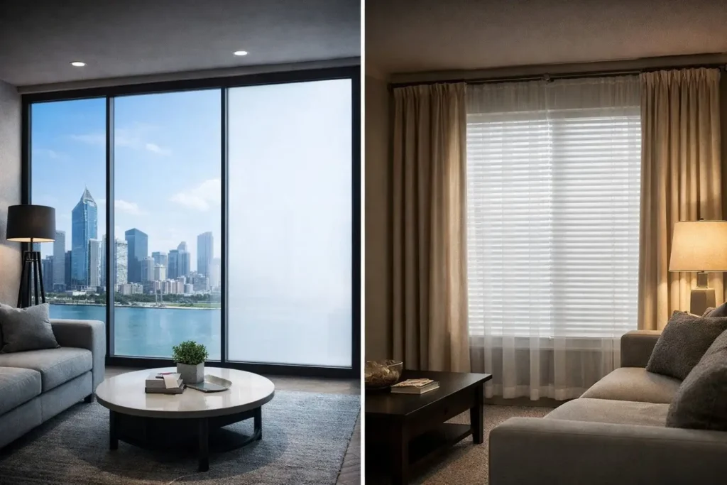 Smart film vs traditional window treatments comparison in a modern Dubai interior