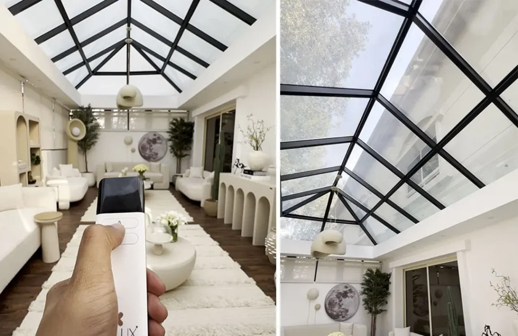 Before and after comparison of Keystone smart glass film switching from clear to frosted