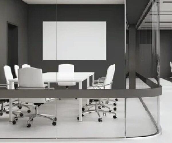 Conference room with PDLC smart film technology for on-demand privacy.