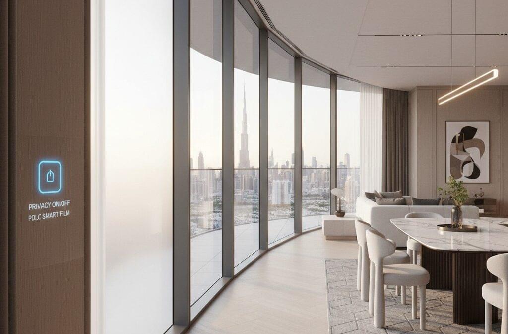 PDLC smart film transforming a modern UAE interior with switchable privacy glass