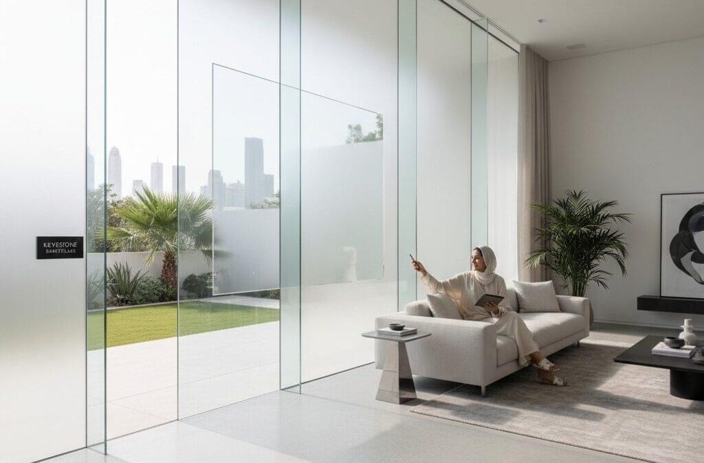 PDLC smart film on residential windows showing instant switchable privacy in a modern UAE home