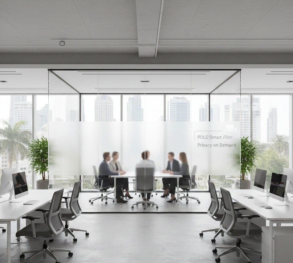 PDLC smart film switching from clear to opaque for office privacy in a modern glass workspace