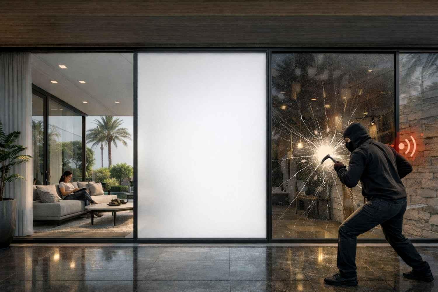 Smartglass safety and security solution installed on modern building glass for privacy and impact protection